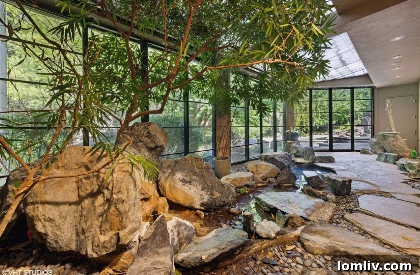 Serene indoor koi pond feature with a rock formation and seating