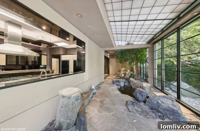 Close-up of the elegant koi pond, enhancing the home's unique ambiance