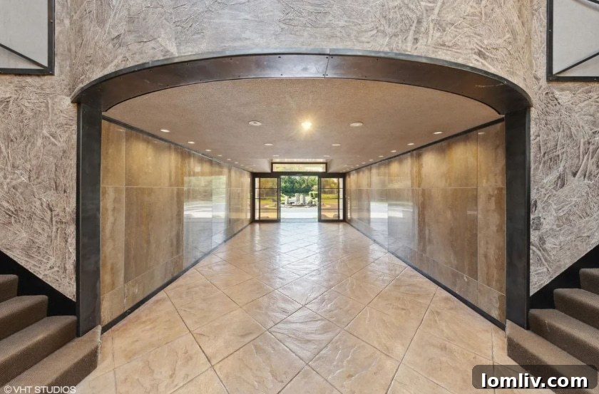 Inviting entrance with sliding glass doors, blending residential and commercial aesthetics