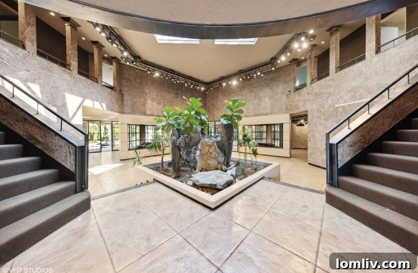 Vast, open atrium space within the mansion, bathed in natural light from above