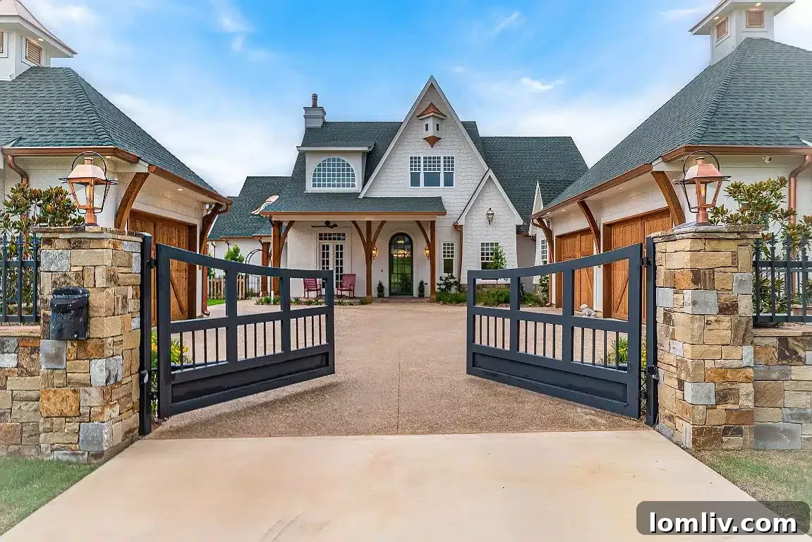 The charming exterior of the storybook house at 10360 Fincher Road, Argyle, surrounded by lush greenery.