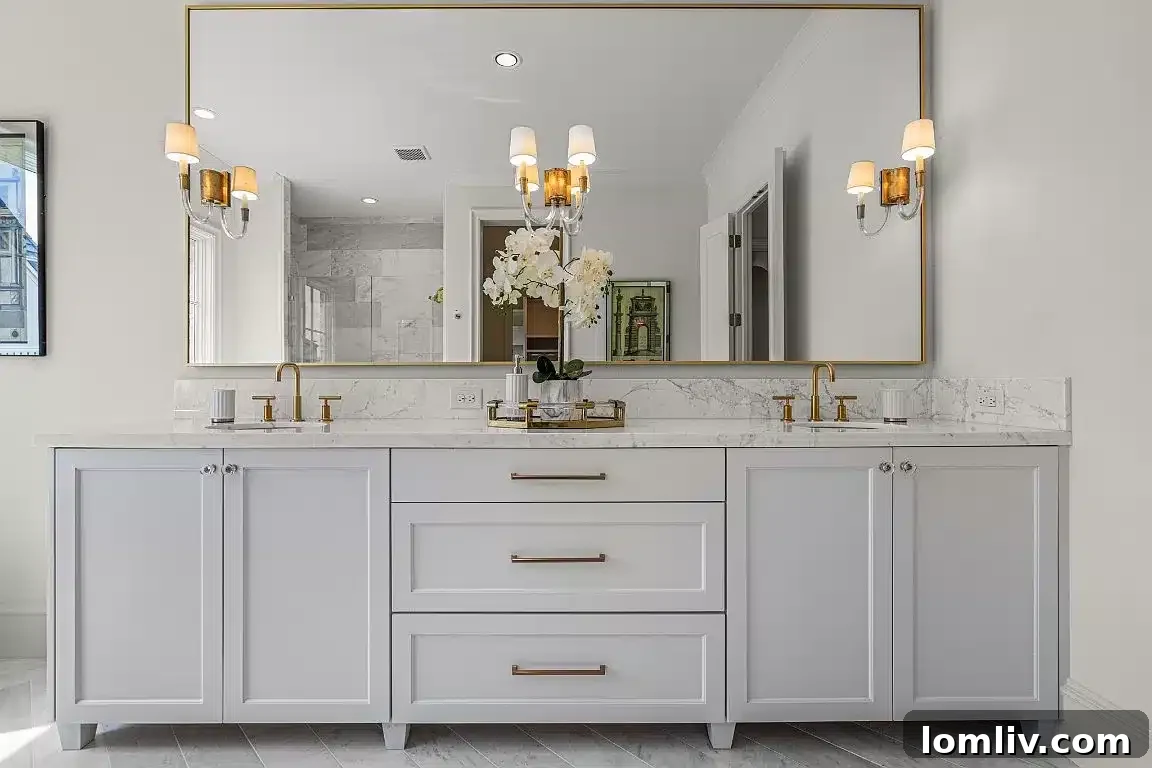 A luxurious bathroom featuring dual side-by-side sinks, perfect for shared handwashing experiences.