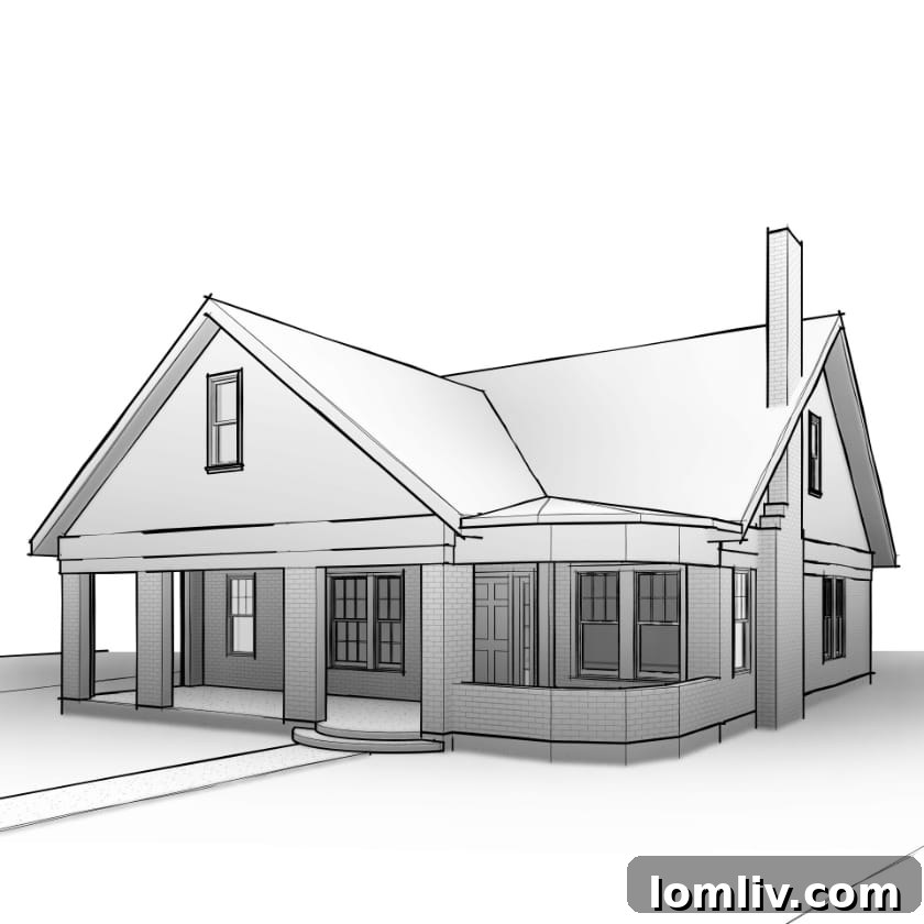 Architect Fred Pena's detailed drawing of the Montreal Avenue house as it appeared in 1920, showcasing its original Craftsman bungalow design.