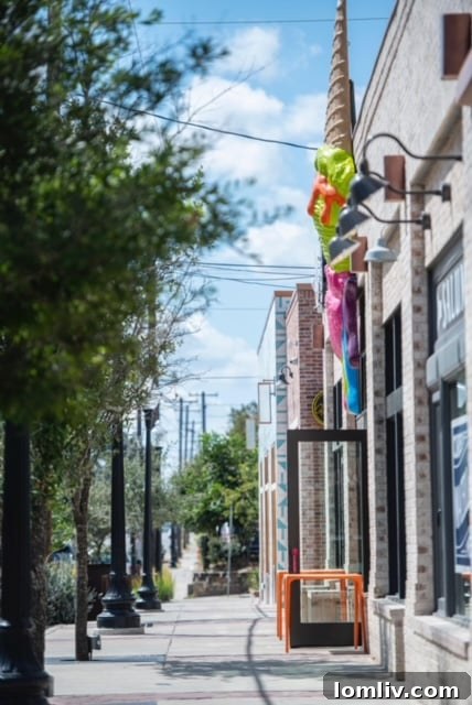 Vibrant Bishop Arts District streetscape with lush trees providing shade and enhancing pedestrian appeal.