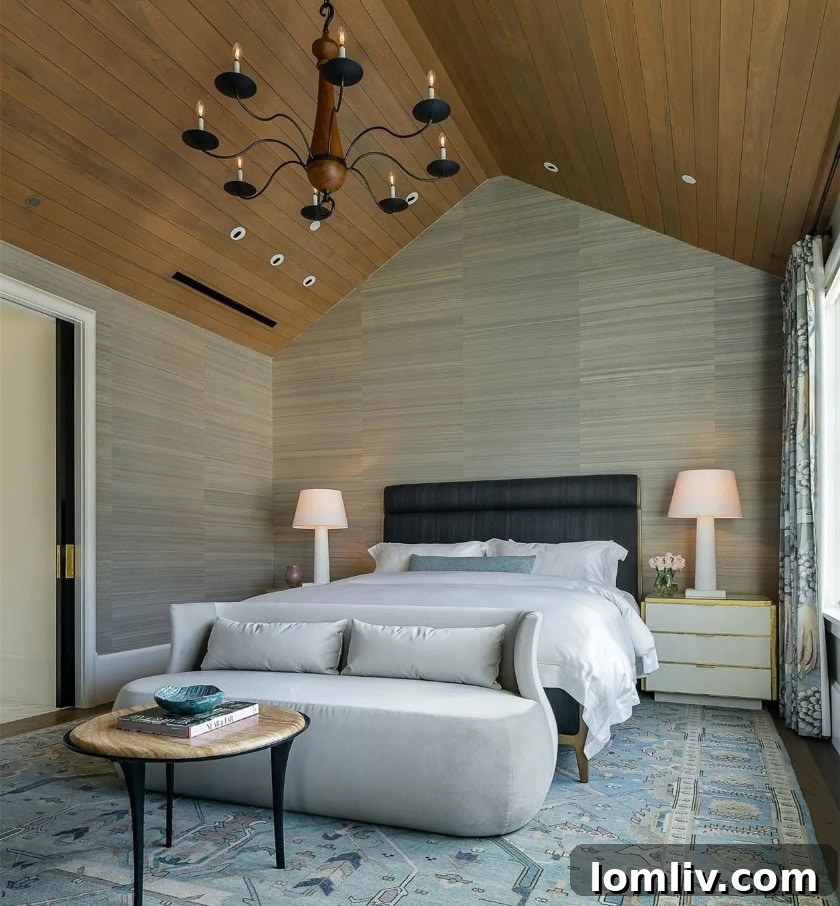 Luxury bedroom with silk wall covering and elegant decor