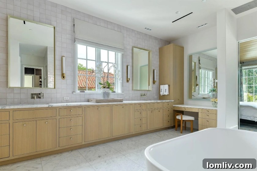 Spa-like bathroom with Calcatta Viola Plum Strike sink and stylish tiling