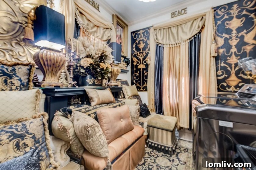 Another bedroom showcasing extensive pillow and drapery collection