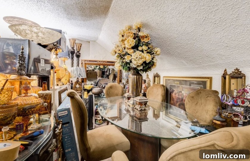 Second dining area with layered pillows and a TV, showcasing unique decor
