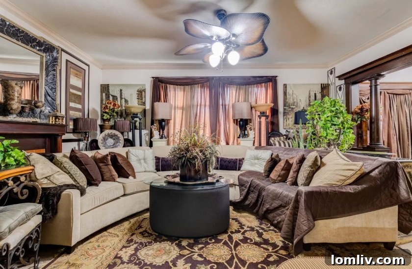 Living room with sofas overflowing with decorative pillows and elaborate draperies