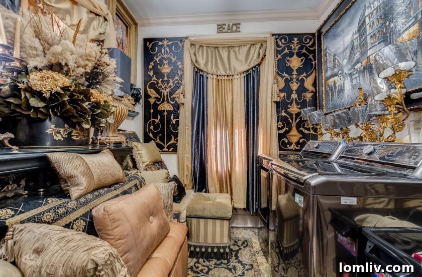 Bedroom with a bed piled high with decorative pillows and patterned draperies