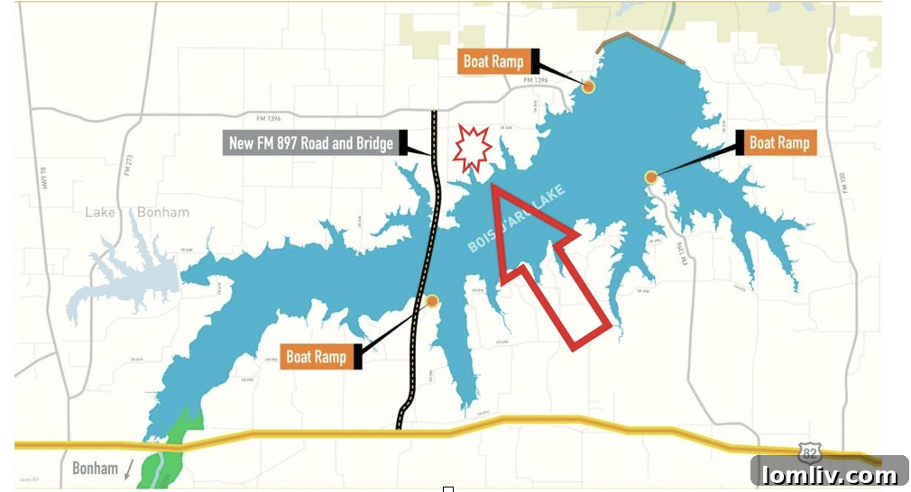 Dynamic perspective of Bois D'Arc Lake, symbolizing growth and opportunity.