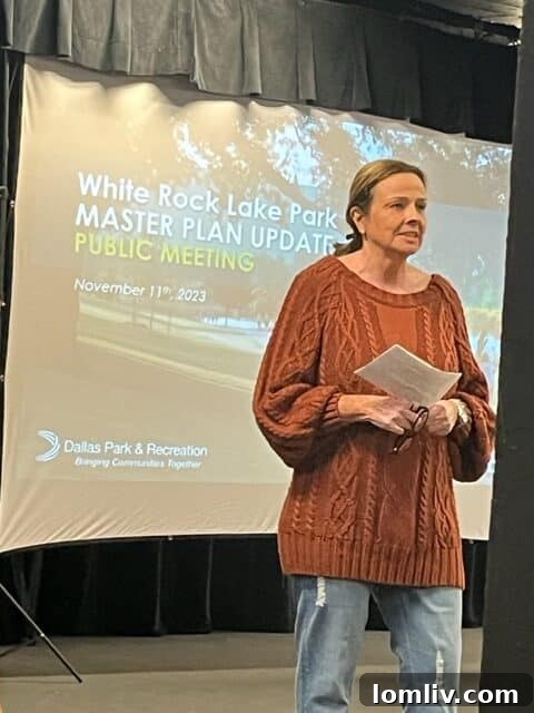 District 9 Councilwoman Paula Blackmon addresses East Dallas residents at the White Rock Lake Master Plan meeting.