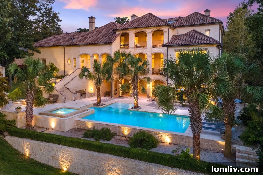 Front View of Grand French Contemporary Estate at Dusk