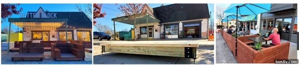 Better Block custom parklets providing comfortable outdoor seating for communities
