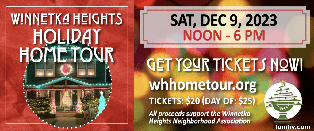 A festive street scene in Winnetka Heights, showcasing beautifully maintained historic homes adorned with holiday lights and decorations, highlighting the vibrant community spirit during the annual home tour.