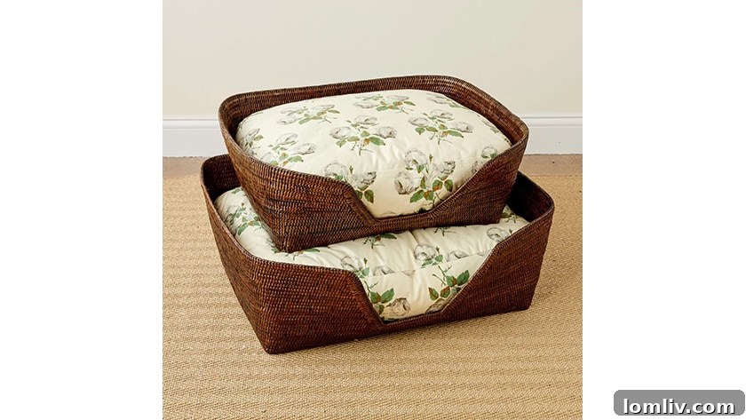 A stylish small wicker dog bed, complete with a custom upholstered pillow, a thoughtful gift for pet-loving hosts.