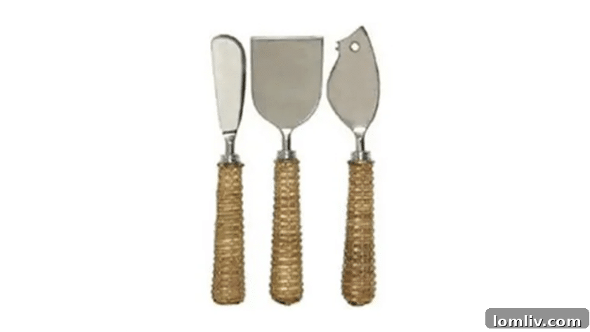 A elegant basketweave cheese knife set, perfect for pairing with your host's favorite cheese.