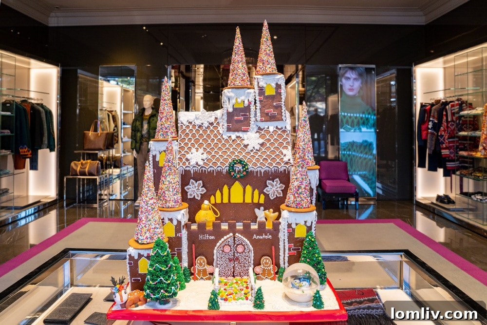 A beautifully crafted gingerbread house, intricately decorated, displayed as part of a festive holiday event in Dallas.