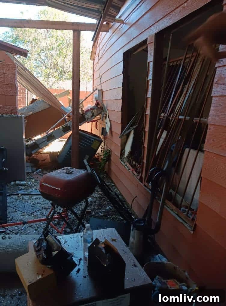 Family Displaced by Thanksgiving Gas Explosion in South Dallas 6 Close-up of the gas explosion damage in Urbandale, highlighting the force of the blast on the home's structure.