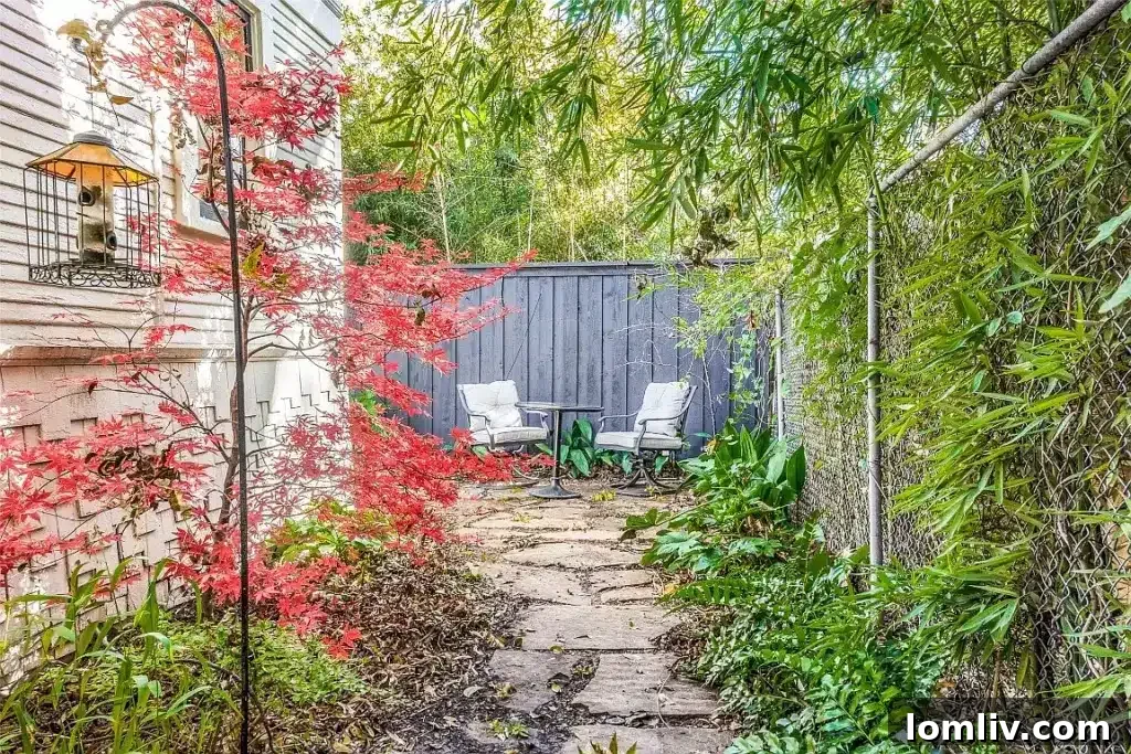 Quaint backyard with flagstone pathway and natural vegetation
