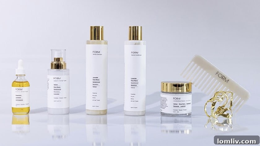 A collection of Form Salon's all-natural hair care products elegantly displayed, emphasizing their natural ingredients and sophisticated packaging.