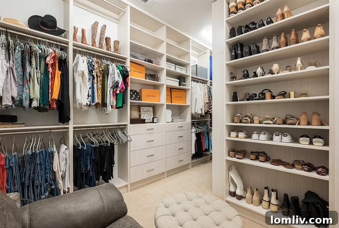 Well-organized closet with shelves, rods, and seating