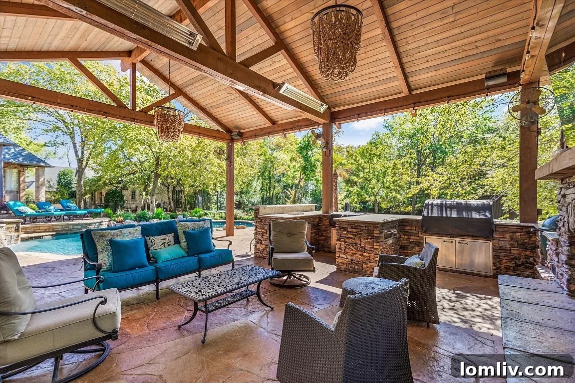 Outdoor living setup with dining and lounging areas