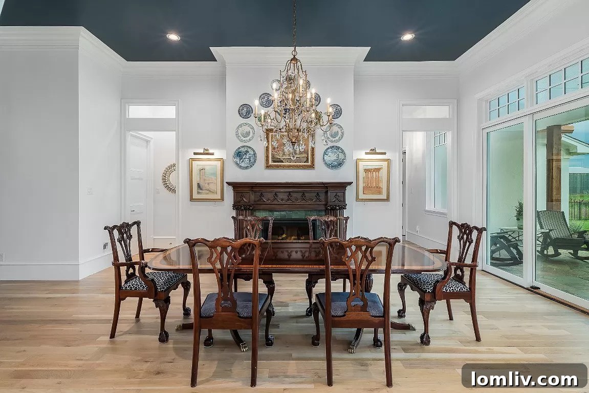 Formal dining room with a fireplace