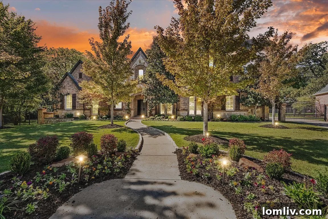 Lush green backyard with mature trees and pathways