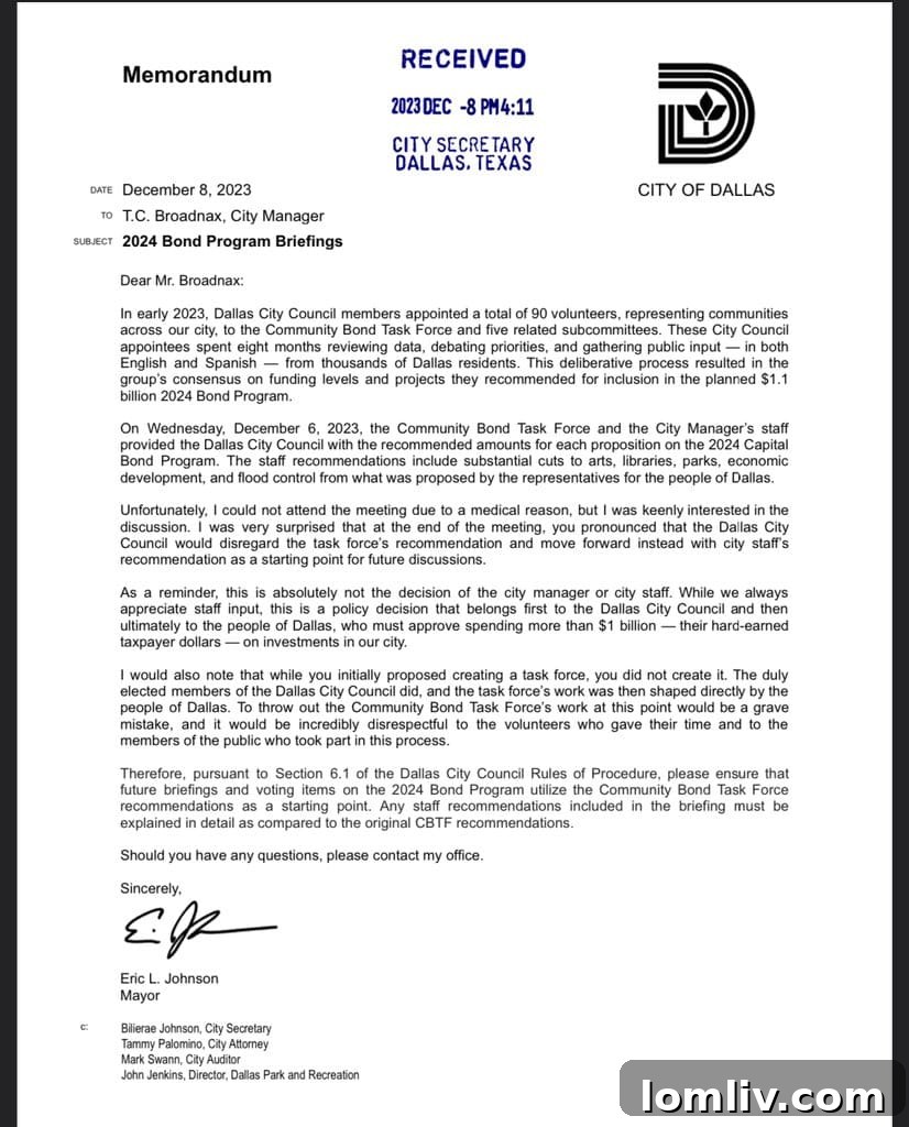 A memorandum filed by Dallas Mayor Eric Johnson on December 8, emphasizing council authority.