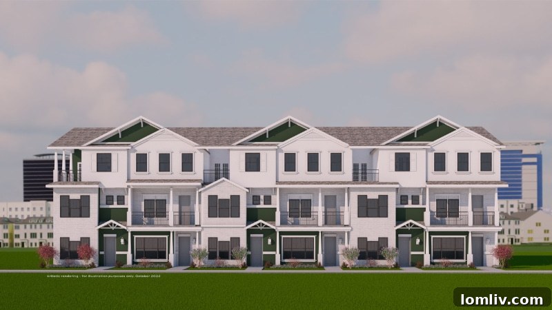 Another rendering of an Ashton Woods townhome, highlighting architectural details and landscaping.