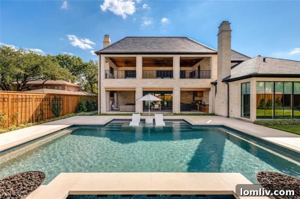 Expansive backyard with a luxurious swimming pool, outdoor kitchen, and lush landscaping