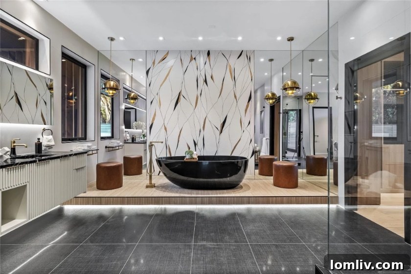 Black translucent freestanding tub in a modern bathroom
