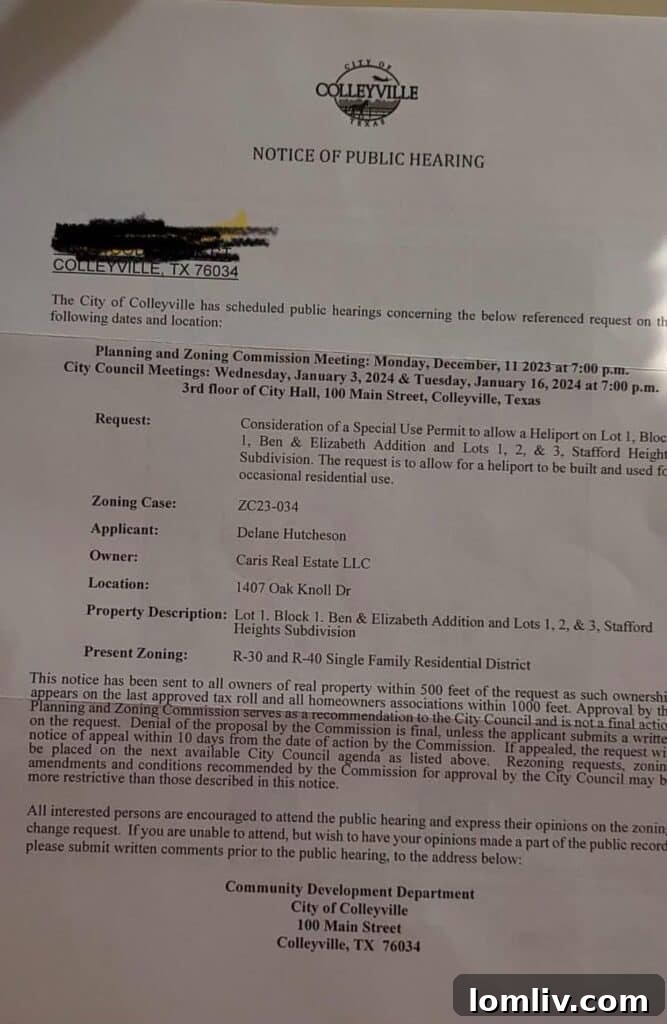 Letter sent to Colleyville neighbors about heliport applications