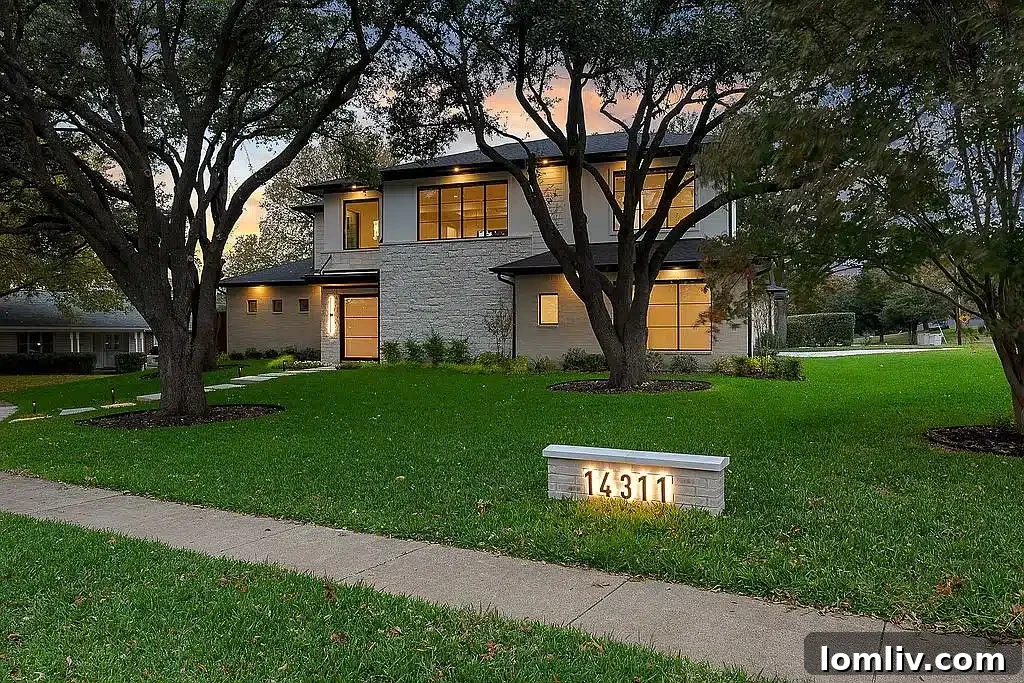 Sleek Modern Home Exterior with Architectural Lighting and Lush Landscaping