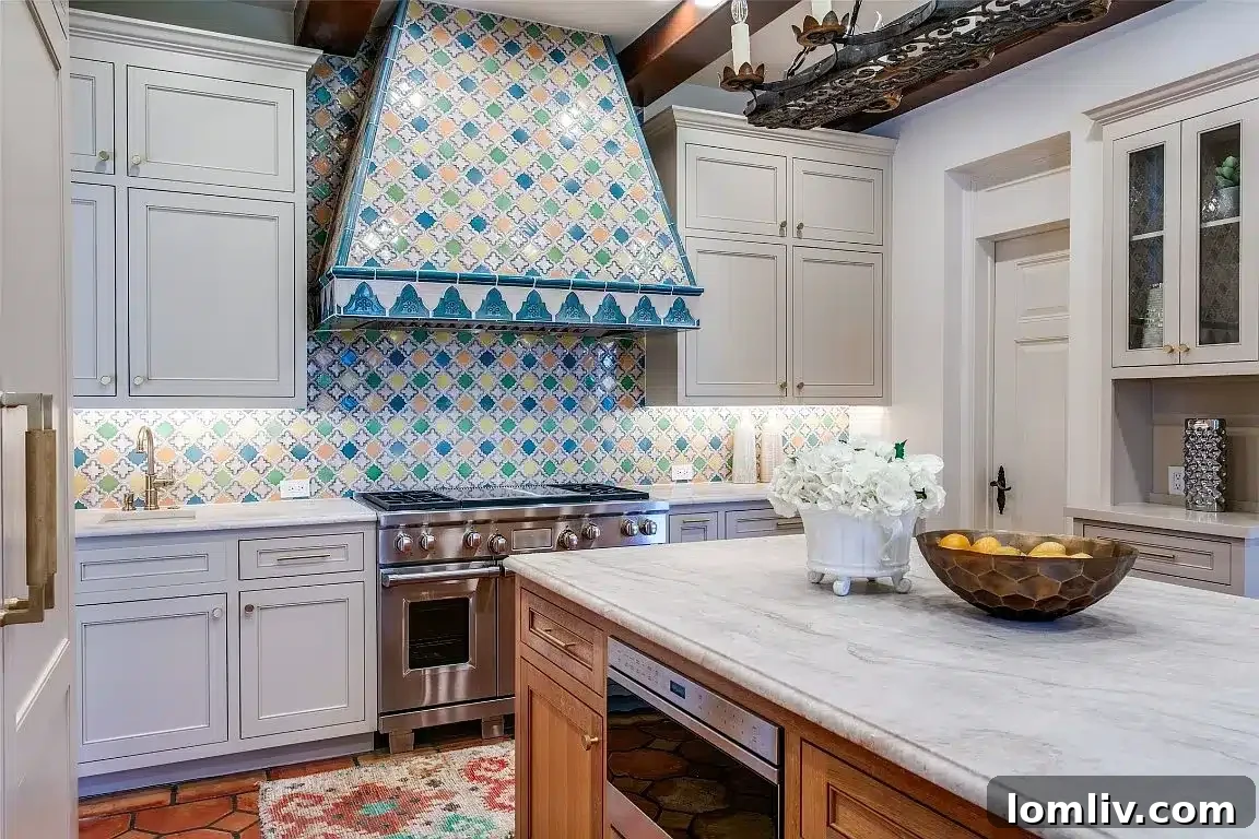 Colorful Saltillo tile backsplash making the kitchen a focal point