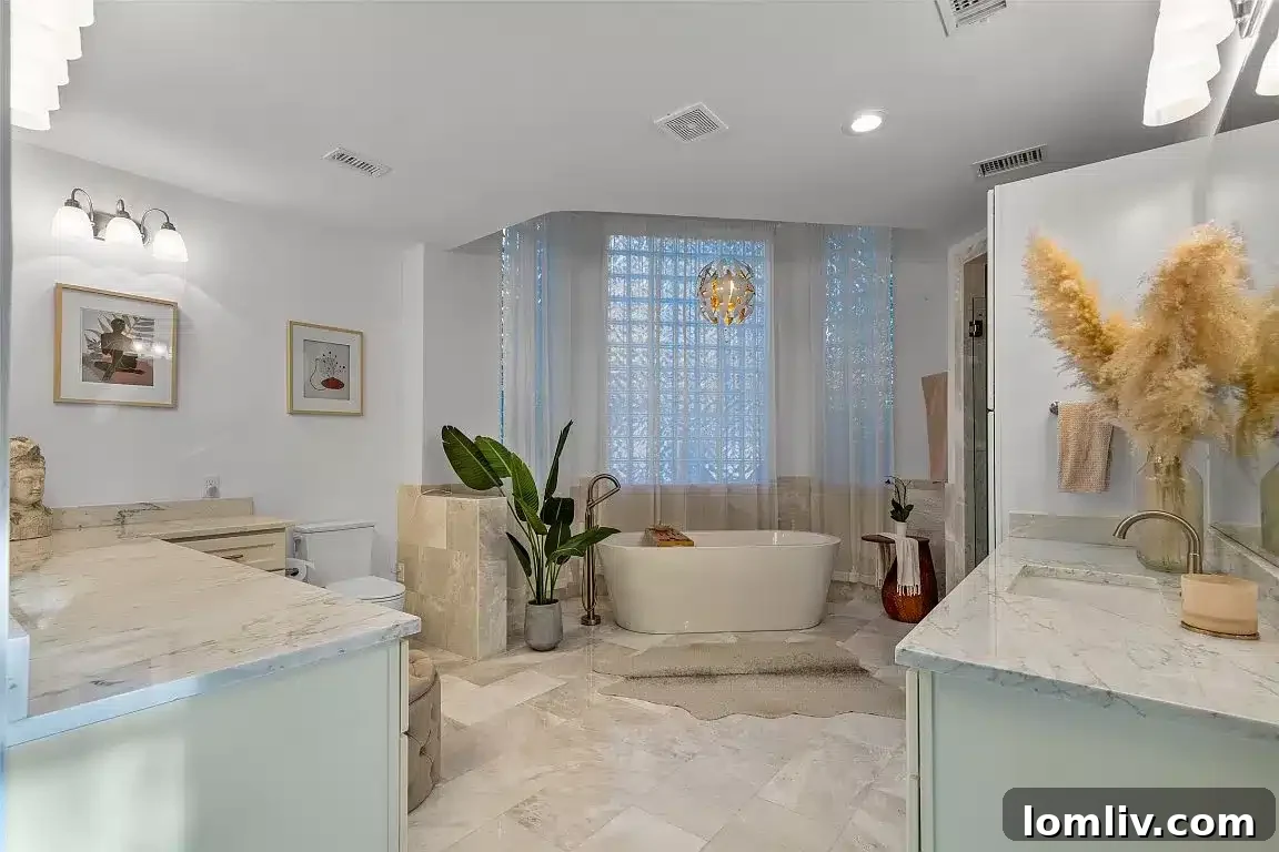 Hers primary bathroom with soaking tub at 2201 Hidden Creek Road