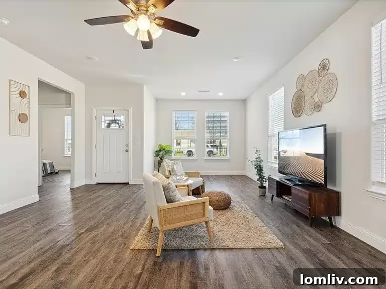 A bright and spacious living area with light walls and ample windows, filled with natural light.