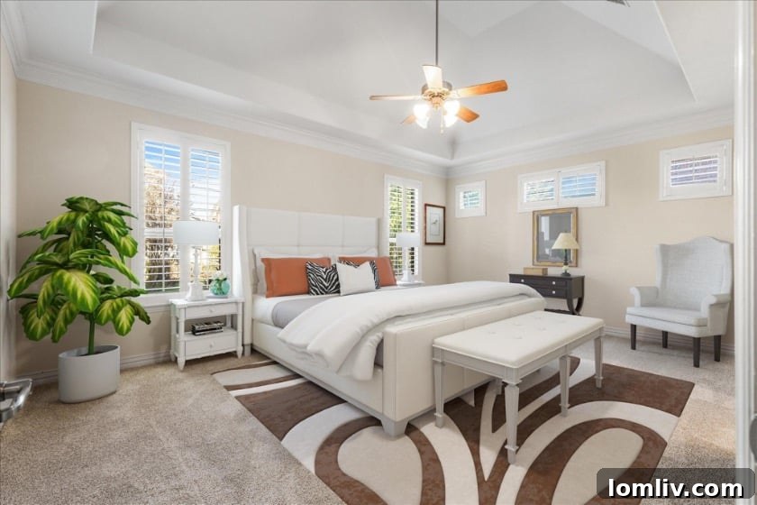 Elegant primary bedroom suite featuring soothing neutral tones, ample space, and large windows inviting abundant natural light