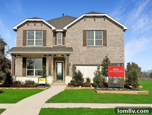 The exterior of a modern model home at The Oaks in Red Oak, featuring elegant brickwork, landscaping, and a welcoming front entrance.