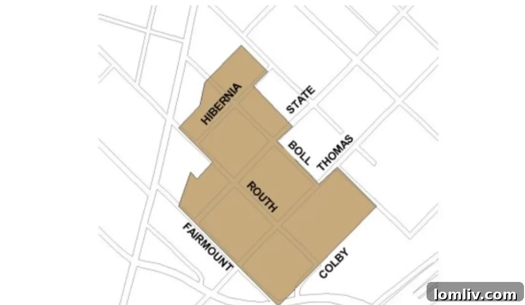 Map showing the impact of Central Expressway and Woodall Rogers on State Thomas