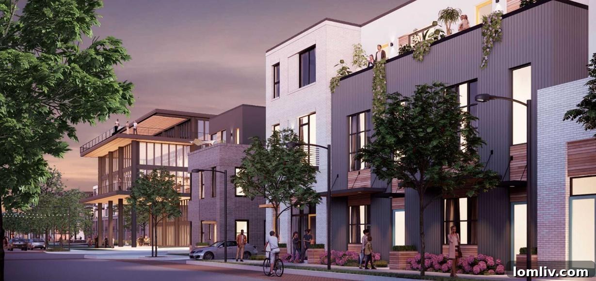 Rendering of Havenwood Heights, showing modern single-family homes in a landscaped community