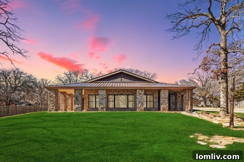 Vibrant sunset over Lake Texoma, showcasing a tranquil lakefront home with expansive views.