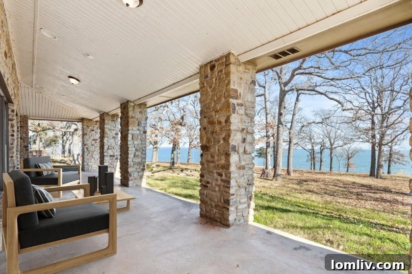 A secluded sandy beach in front of a luxury Lake Texoma home, indicating challenging access for non-owners.
