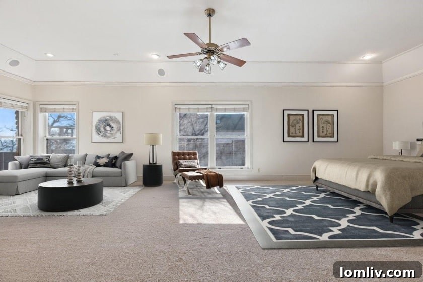 Luxurious primary suite with expansive windows offering panoramic views of Lake Texoma, featuring elegant decor.