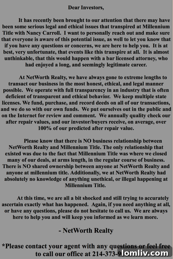 Warning letter from a North Texas real estate firm regarding potential fraud