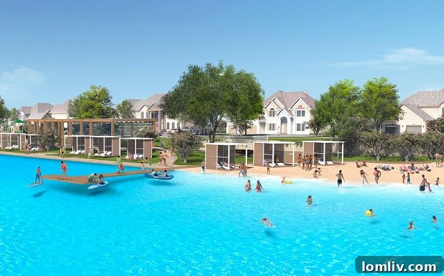 Crystal Lagoon at Windsong Ranch in Prosper, showcasing clear blue water and sandy beaches.