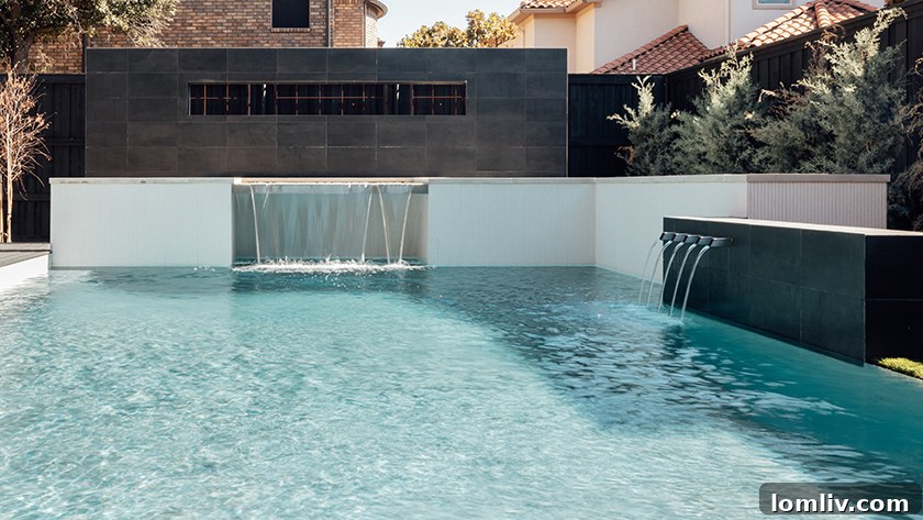 An aerial view of a beautifully designed custom swimming pool with intricate landscaping, demonstrating the visual harmony achieved by Pools by Design.