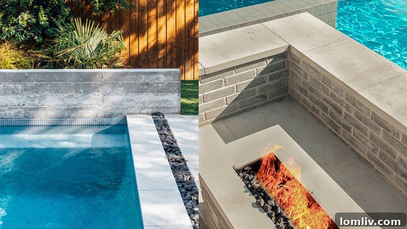 A beautifully illuminated custom pool at dusk, highlighting integrated lighting, comfortable seating areas, and thoughtful landscaping.