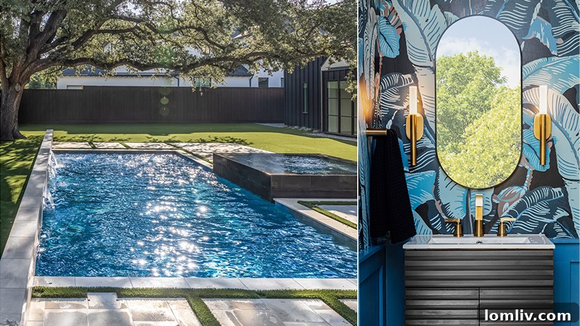 A luxurious outdoor living space featuring a custom pool, fire pit, and comfortable seating, all meticulously designed for relaxation and entertainment.